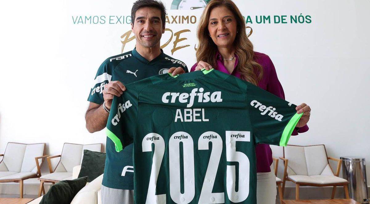 Abel Ferreira e Leila Pereira comemoram a renovacao do contrato do treinador Reproducao/Twitter Palmeiras